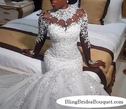 Bling Bling Satin Mermaid Wedding Dress with Crystals Beaded Sheer Long Sleeves
