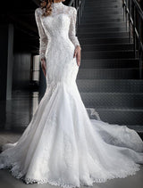 Mermaid Lace Wedding Dresses with High Neck Long Sleeves at Bling Brides Bouquet