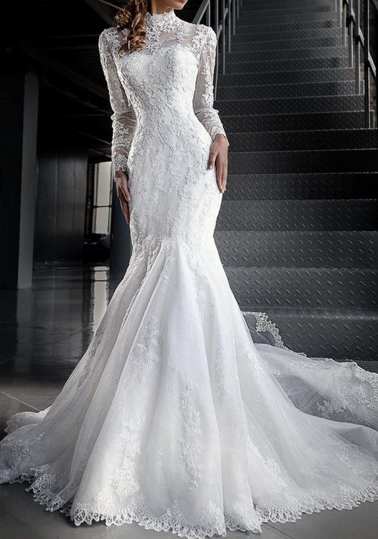 Lace High-Neck Wedding Dress with Long Sleeves