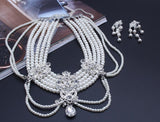 Silver crystal rhinestone pearl Wedding Bridal choker necklace earring Jewelry Set