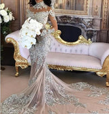 Sexy Sheer Bling  Lace High Neck Illusion Long Sleeve Mermaid Bridal Gowns