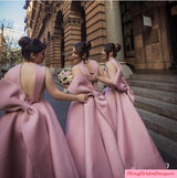 Satin Bridesmaid Gowns Ankle Length  Wedding Party Dresses With Big Bow