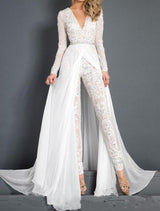 Lace Chiffon Wedding Dress Jumpsuit Beaded Beach V neck Bridal Gown