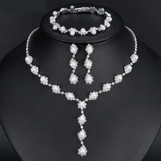 Silver Pearl & Crystal Necklace, Earrings & Bracelet Set