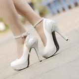 White Bridal platform  Heels Ankle Straps Sequined Stiletto Heel Pumps