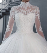 High Collar Sheer Long Sleeves Lace Ball Gown Wedding Dresses
