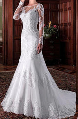 Jewel Neckline Mermaid Wedding Dresses With Lace Beaded Applqiques