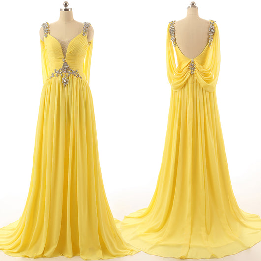 Yellow V Neck Prom Dresses at Bling Brides Bouquet Online Bridal Store