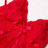 Lace Embroidery Red Baby Doll Sexy Lingerie Women Solid V-Neck Transparent  Lingerie